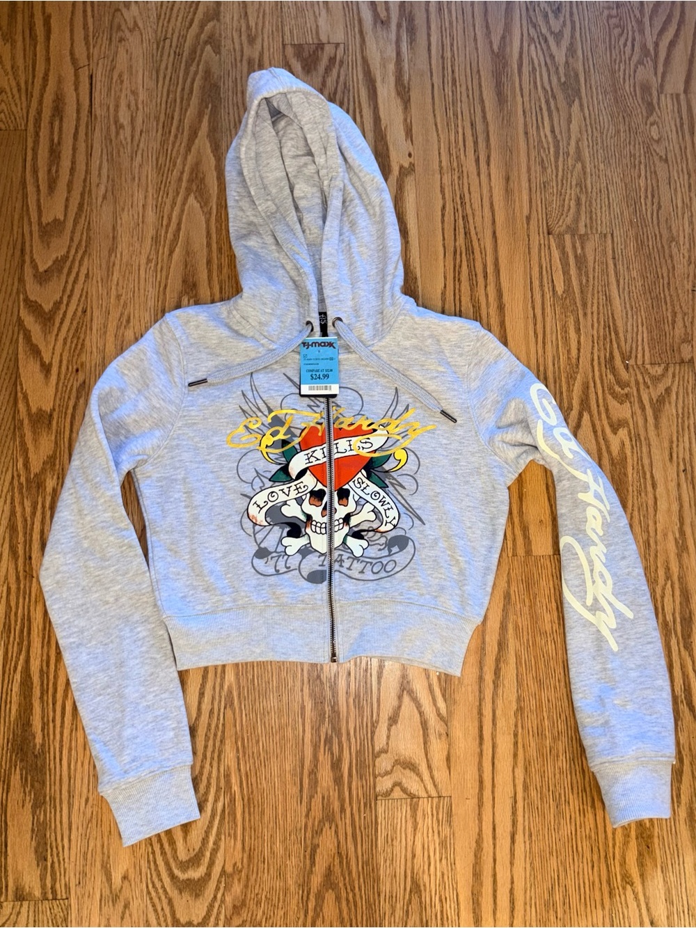 Ed Hardy Light Gray Zip-Up Skull Graphic Hoodie